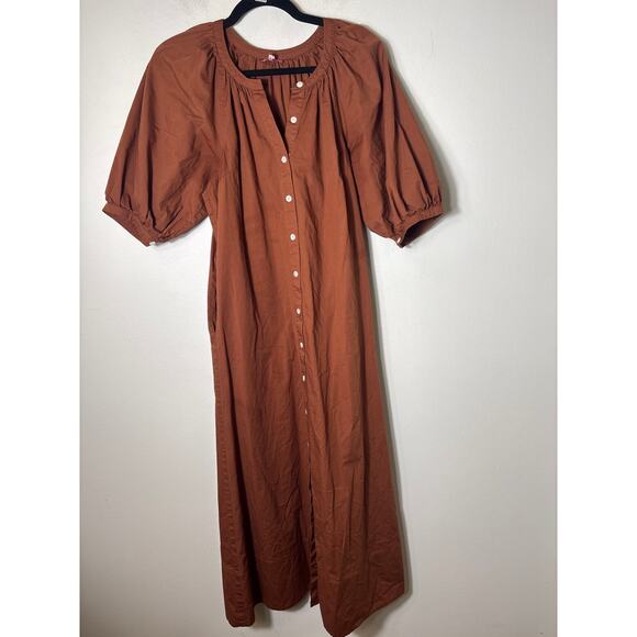 STAUD Dresses & Skirts - Staud Brown Half Puff Sleeve Cotton Button Up Maxi Dress Sz S